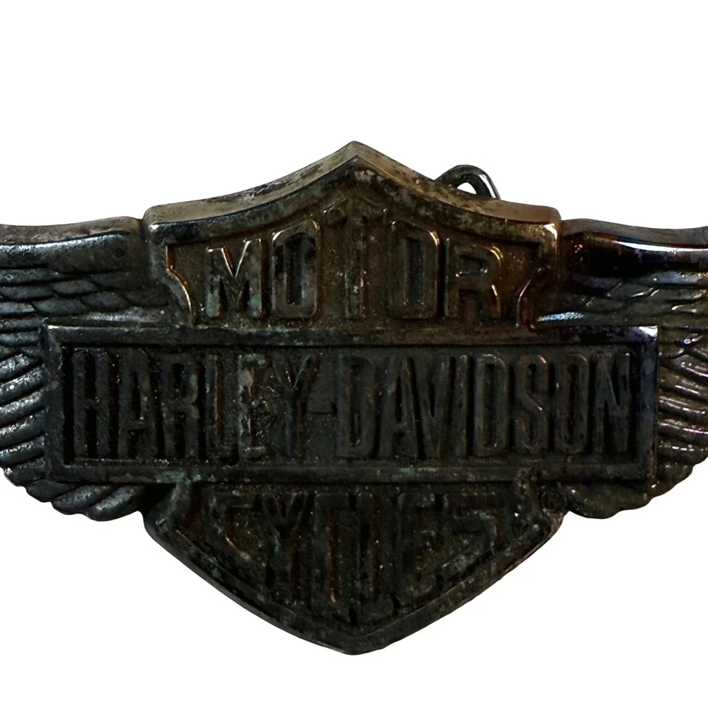 Harley-Davidson 80s Belt Buckle Winged Bar Shield Black Vintage Bikercore Moto